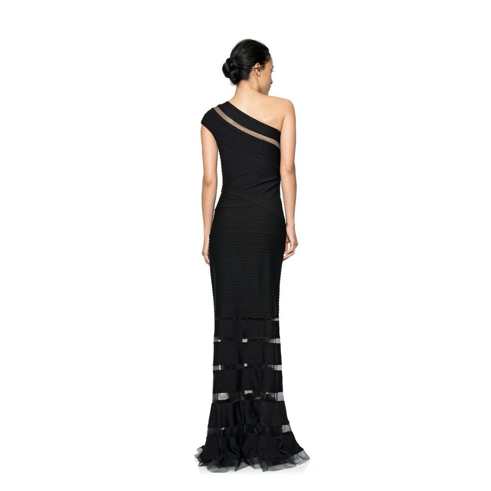 Tadashi Shoji One Shoulder Pintuck Jersey Mermaid Maxi Gown Dress Black SZ S - Picture 3 of 11